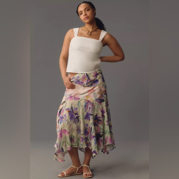 NWT By Anthropologie Asymmetrical Painterly Floral Midi Skirt - Picture 3 of 8